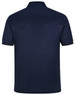 A navy blue men's sustainable poly/cotton corporate short-sleeve polo shirt with a logo.