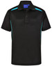 A black polo shirt featuring teal contrast panels and a collar. The shirt has a logo on the chest.
