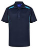 A dark navy polo shirt with contrasting turquoise stripes and a collar, featuring a branding logo.