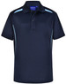 A navy blue polo shirt with light blue contrast accents and a standard collar. It features a logo on the front.