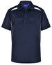 A navy blue polo shirt with short sleeves and contrasting white side panels. It features a collar and a branding logo.