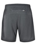 A pair of grey sports shorts featuring a back pocket and a logo on the side.
