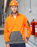 A Hi-Vis orange and grey fleece hoodie with a half-zip and logo, worn by a man in a safety helmet.