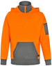 A two-tone hoodie featuring a bright orange upper with grey accents and a zippered neck. It includes a logo.