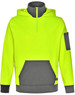 A bright yellow and grey two-tone hoodie with a front pocket and a sleeve pocket, featuring a logo.