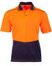 A hi-vis orange and navy bamboo charcoal short-sleeve polo shirt featuring a pocket and a logo.