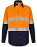 A long-sleeve safety shirt in hi-vis orange and navy, featuring segmented reflective tape and a button-up front.