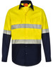 A long-sleeve safety shirt in bright yellow and navy, featuring segmented reflective tape and a logo.