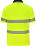 A bright yellow unisex polo shirt featuring segmented reflective stripes and a navy collar, with a logo on it.