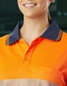 Unisex Cooldry segmented safety long sleeve polo in bright orange with navy collar and a pocket. Features a logo.