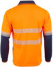 A long-sleeved polo shirt in bright orange with navy blue sleeves and reflective stripes, featuring a logo on the front.