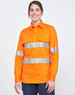 An orange long-sleeve work shirt with reflective tape, featuring a closed front and two chest pockets.