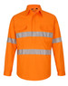 High visibility orange long-sleeve shirt with closed front and perforated reflective tape, featuring two chest pockets and a logo.