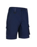 Unisex navy utility stretch cargo work shorts featuring side pockets and a belt loop. Includes branding elements.