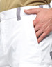 Unisex utility stretch cargo work shorts in white, featuring side pockets and grey detailing. Includes a logo tag.