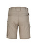 Beige unisex cotton stretch ripstop work shorts with cargo pockets and a logo on the back.