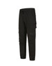 Unisex black cotton stretch drill cuffed work pants, featuring multiple pockets and an elastic waistband.
