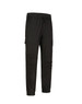 Unisex cotton stretch drill cuffed work pants in black, featuring side pockets and an elastic waistband.