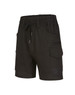 Unisex cotton stretch drill shorts in black with an elastic waistband and multiple pockets, featuring a logo.