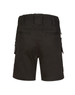 Unisex black cotton stretch drill work shorts featuring a rear view with multiple pockets and an elastic waistband.
