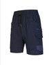 Navy unisex cotton stretch drill work shorts with multiple pockets and an elastic waistband. Features a logo.