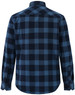 A unisex flannel plaid shirt featuring a blue and navy check pattern, displayed from the back. It has a collar and button cuffs.