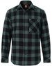 A unisex flannel plaid shirt in black and green with a button-up front and a chest pocket. Features a logo.