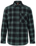 A unisex flannel plaid shirt in black and teal with a button-up front and a single chest pocket.