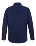 A navy long-sleeve work shirt with a closed front and collar, featuring a logo.