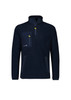 A unisex navy lightweight 1/4 zip polar fleece featuring a chest pocket and two side zip pockets. It has a logo.