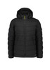 A black unisex puffer jacket with a hood, featuring a front zipper and side pockets, and a small branding logo.