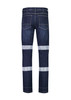 Men's bio motion taped stretch jeans in dark denim, featuring reflective stripes and a logo on the waistband.