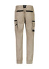 Men's cuffed work pants in beige with multiple pockets and black detailing. Features an elastic waistband and a logo.