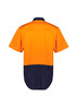 A men's short sleeve shirt in hi-vis orange with a navy blue lower section, featuring a branding logo.