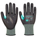 A pair of black and teal cut-resistant gloves with a textured grip and a branded logo on the wrist area.