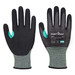 Two black nitrile foam gloves with grey accents and a logo, designed for protective wear.