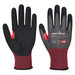A pair of black and red nitrile gloves with a textured grip and a logo. Ideal for various tasks.