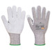 Light grey gloves with a textured palm and a green wrist cuff, featuring a logo. Suitable for clothing accessories.