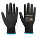 Two black nitrile foam gloves with a textured grip, featuring a blue trim at the wrist and a logo on one glove.