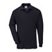 A black long sleeved polo shirt with a collar and a logo on the chest.