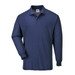 A long sleeved polo shirt in navy blue, featuring a collar and a logo on the chest.