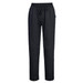 Black Cotton Chef Pants featuring an elastic waistband and drawstring, with a logo on the side.