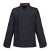 A long-sleeved jacket in black with a mandarin collar and a logo on the sleeve.