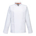 A white chef jacket with long sleeves and a stand-up collar, featuring a logo on one sleeve.