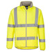 A bright yellow fleece jacket with reflective stripes and a zip front, featuring a collar and a logo.