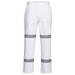 A pair of white cotton drill work pants with grey reflective stripes and a side pocket. The pants have a logo.