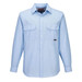 A light blue long-sleeve chambray shirt with two chest pockets and a logo.