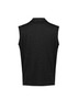 A black men's zip front vest with a collar, featuring a plain design and no sleeves.