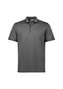 A grey men's short sleeve polo shirt featuring a collar and a logo.