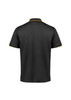 A black short sleeve polo shirt with yellow accents and a logo on the chest.